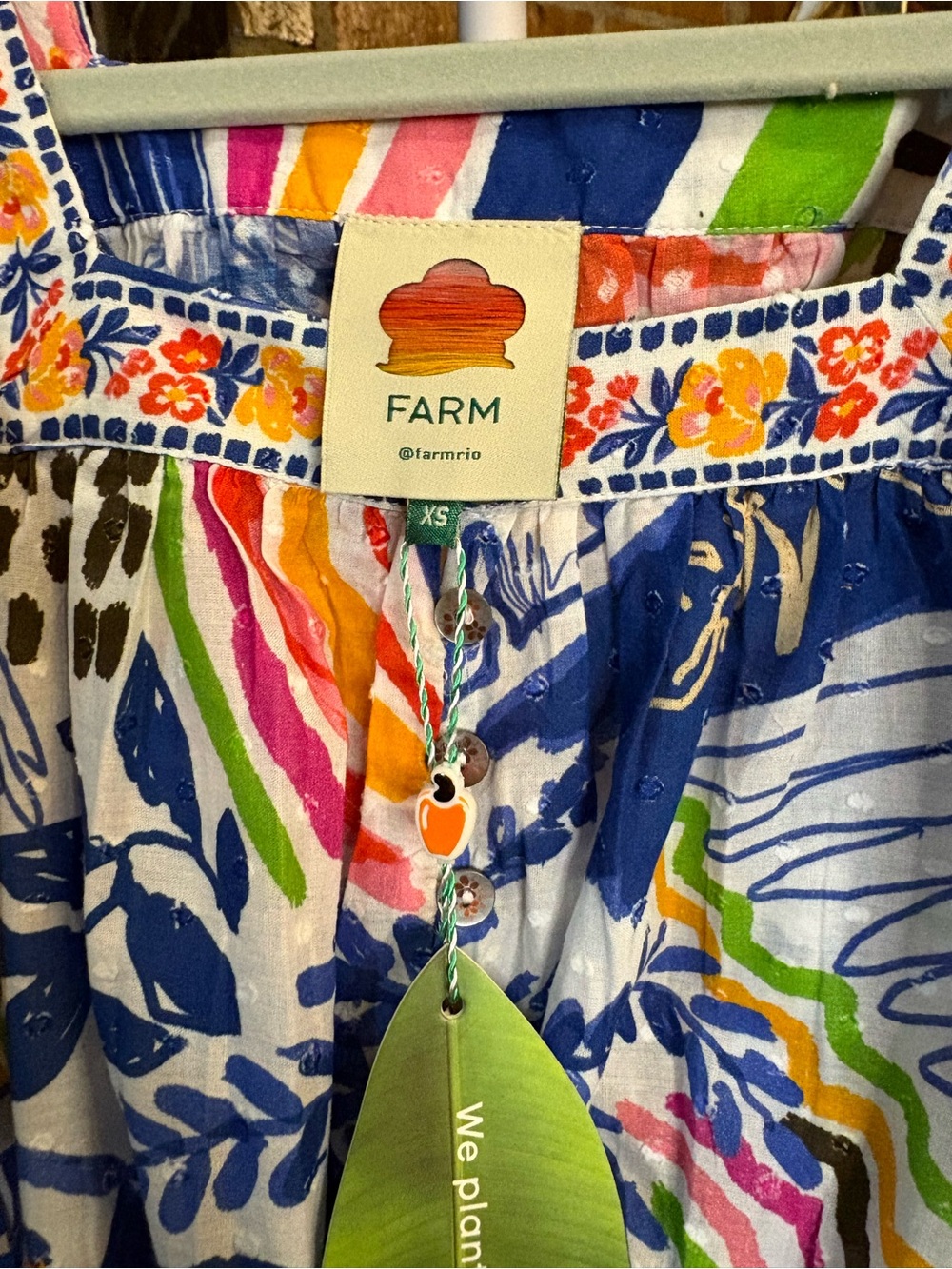 FARM RIO Square-Neck Cropped Peasant Blouse in Blue & Multicolor NWT - Picture 2 of 7
